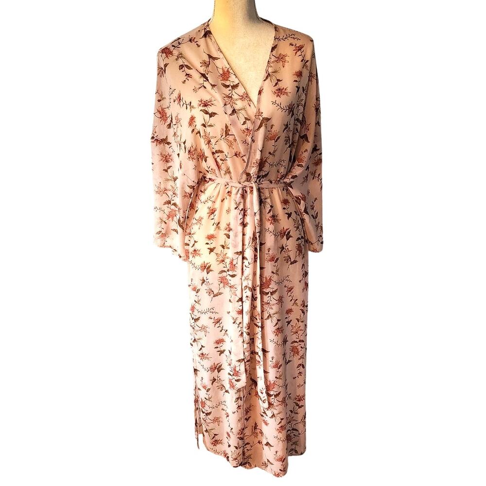 Forever 21 Semi Sheer Pink Brown Floral Robe Cover up Size Medium